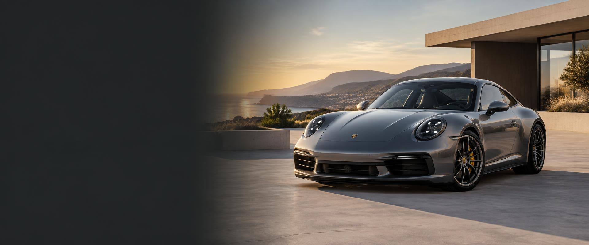 Porsche 911 cinza em frente a uma casa contemporânea